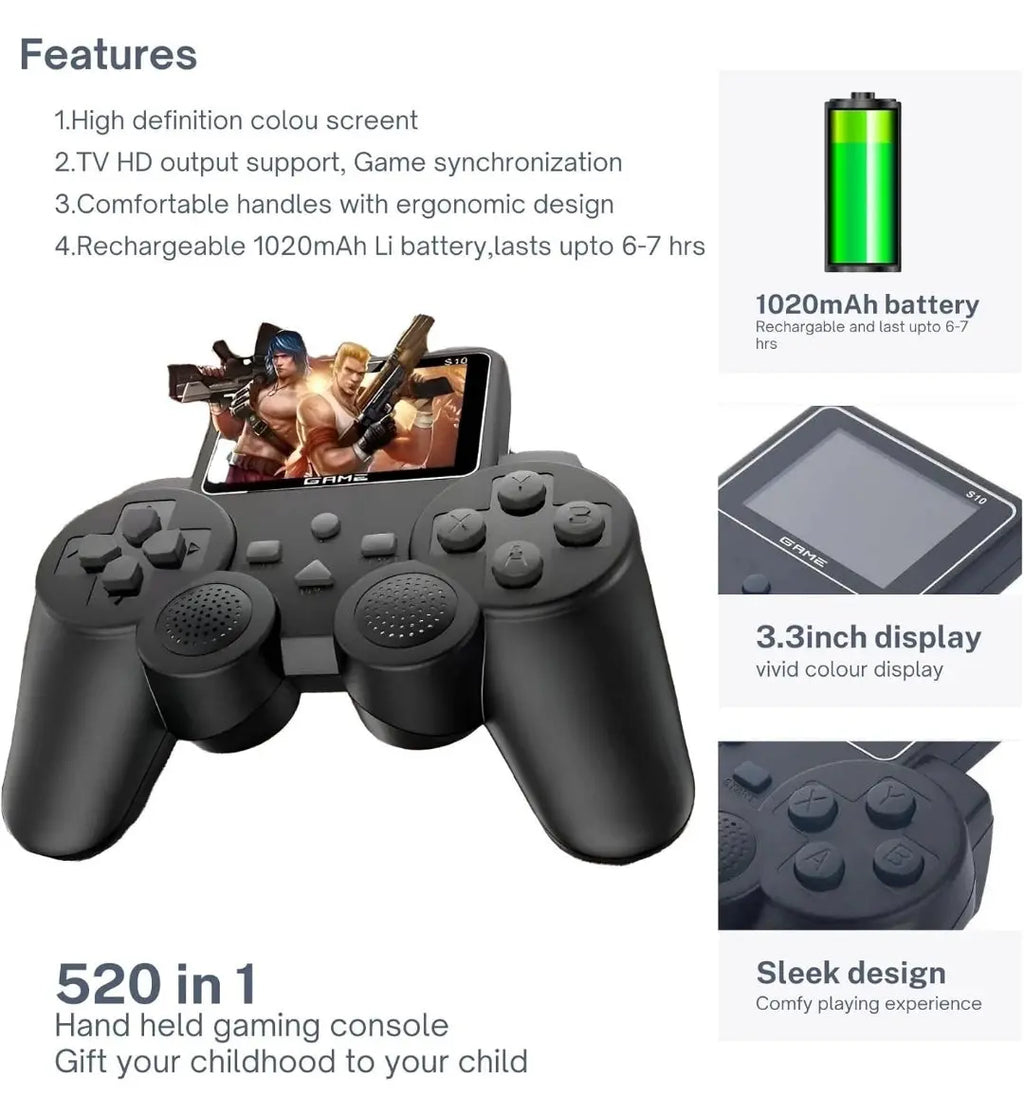 DXP S10 Handheld Game Console for Kids 520 Retro Video Games Classic Rechargeable Console with TV Support Kids Video Game Set Pocket Gamer Experience Includes Mario Game De rêve